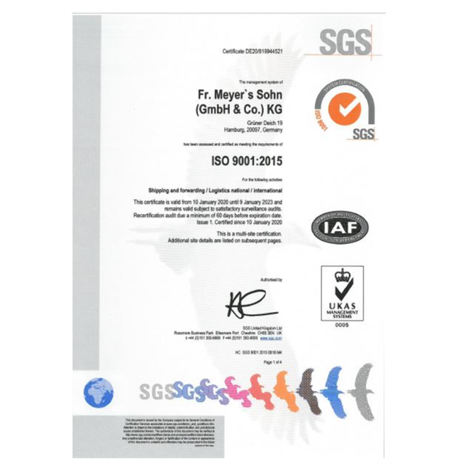 Fr. Meyer’s Sohn ISO 9001 certificate — third-party layout sample
