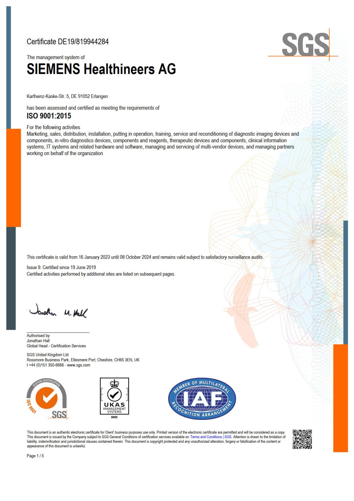 Siemens Healthineers ISO 9001 certificate — third-party layout sample