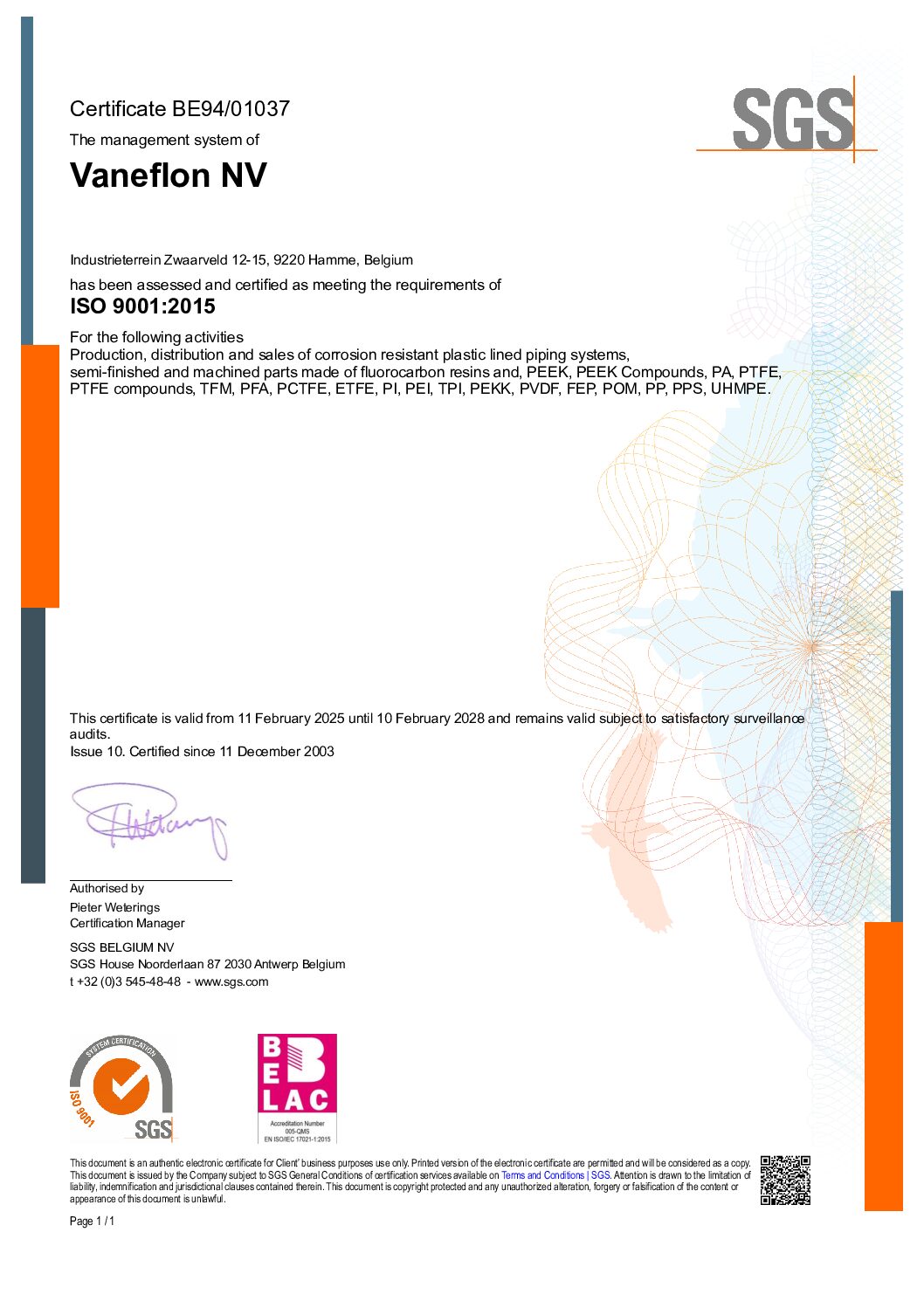 Vanéflon ISO 9001 certificate — third-party layout sample